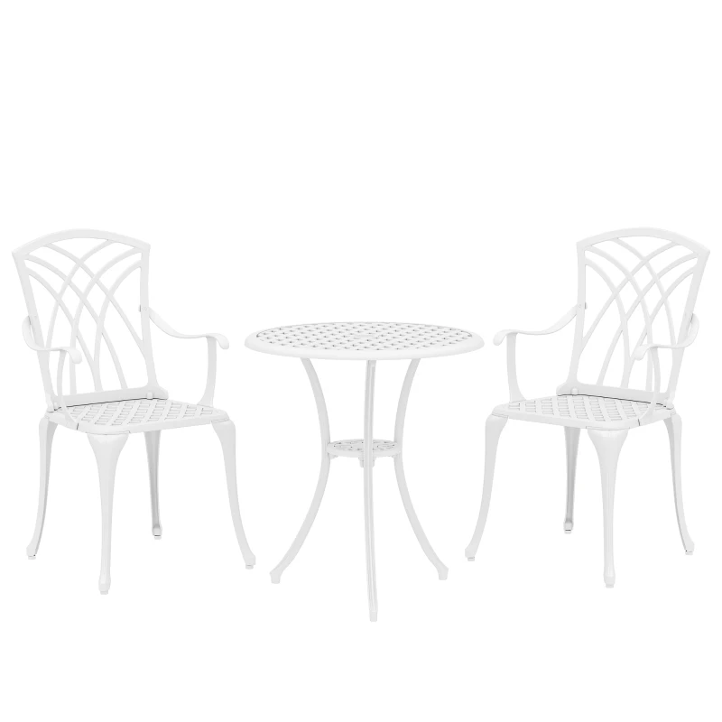 Outsunny 3 Pieces Garden Bistro Set, Cast Aluminium Outdoor Dining Set with 2 Chairs and Round Table with Parasol Hole, White