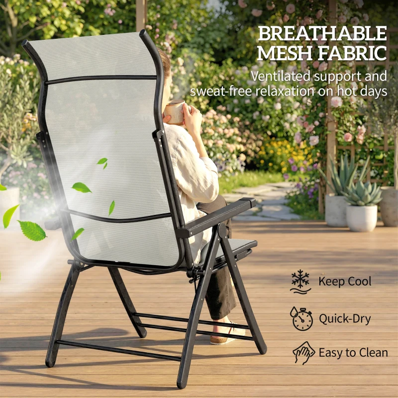 Outsunny Reclining Garden Chairs Set of 2, 5-Position Folding Sun Loungers with High Back, Retractable Footrest, Light Grey