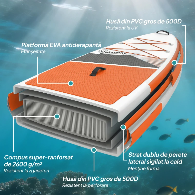 Outsunny Placă SUP Gonflabilă pentru Adulți, Stand Up Paddle Board cu Suprafață Antiderapantă EVA, Pagaie Reglabilă din Aluminiu, Rucsac, Pompă, Aripioară Detașabilă, Capacitate 160 kg, 320x82x15cm, Toate Nivelurile