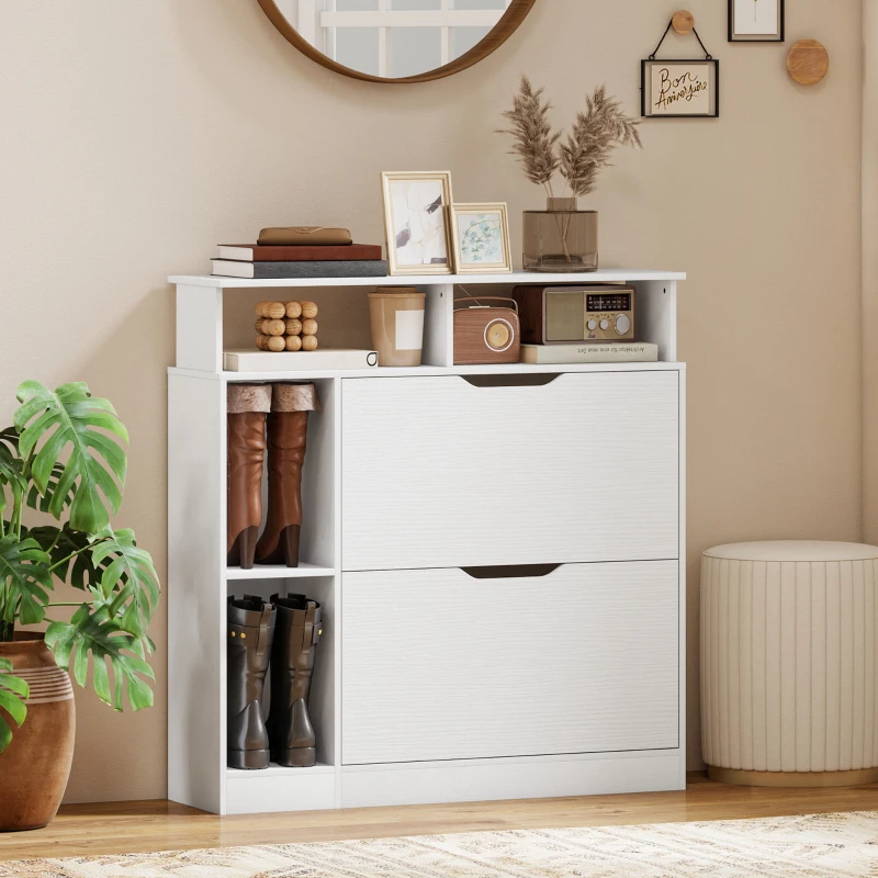 HOMCOM Mueble zapatero, armario zapatero, 2 cajones abatibles, compartimentos abiertos y estante regulable, blanco