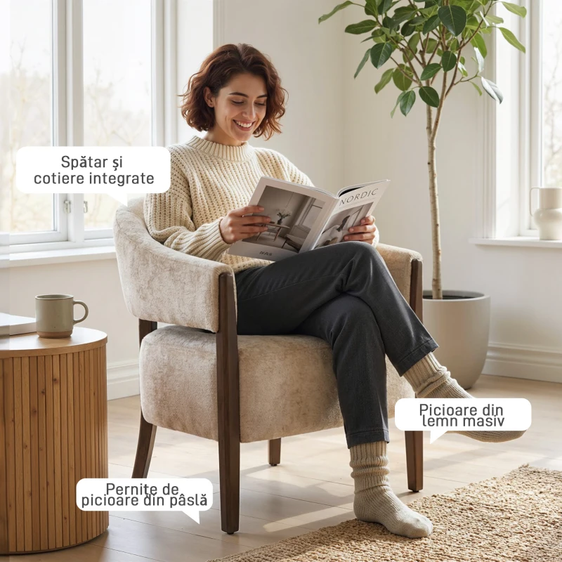 HOMCOM Fotoliu Elegante Tapițat cu Catifea Chenille și Cadru din Lemn Masiv, Fotoliu Modern pentru Living și Dormitor, Bej