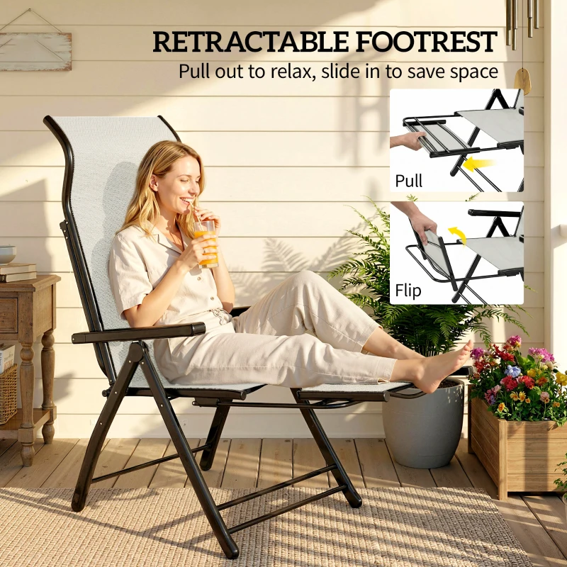 Outsunny Reclining Garden Chairs Set of 2, 5-Position Folding Sun Loungers with High Back, Retractable Footrest, Light Grey