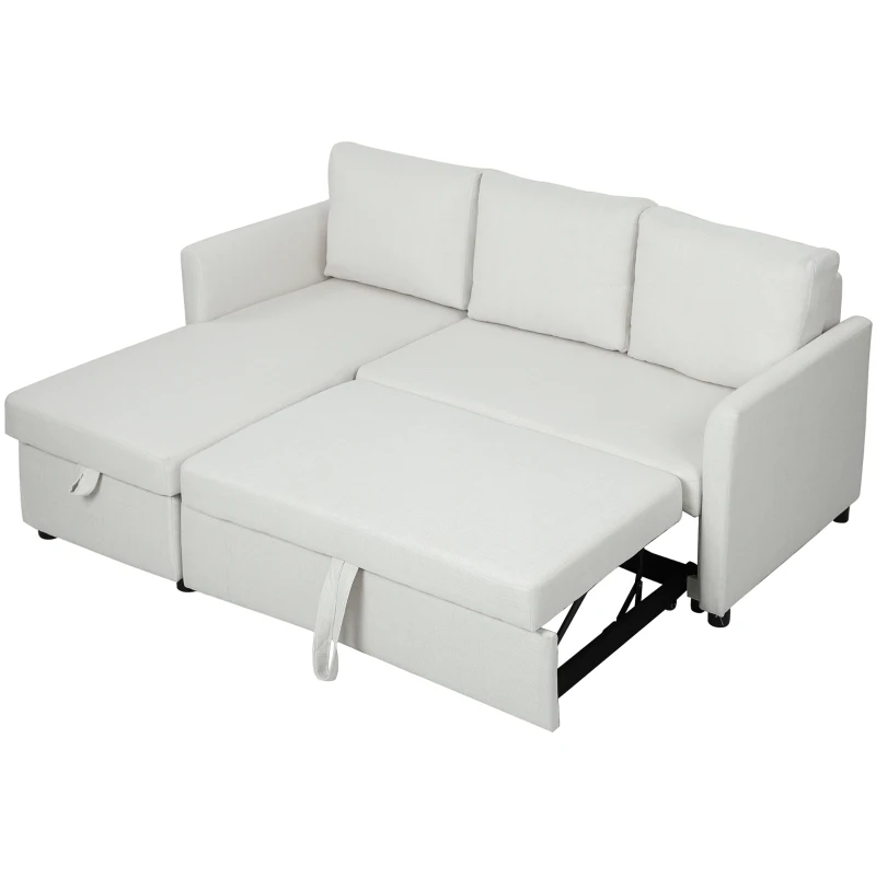 HOMCOM Divano Letto Angolare Effetto Lino con Vano Portaoggetti a Scomparsa, 192x148x86 cm, Bianco Crema