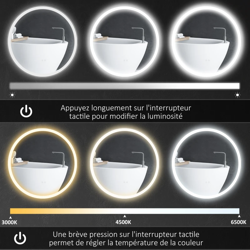 kleankin Miroir rond lumineux LED de salle de bain Ø 80 cm mural avec éclairage 3 couleurs interrupteur tactile 46W blanc argent