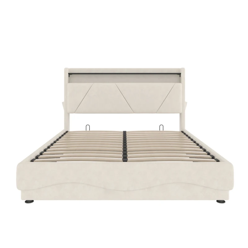 Lit rembourré avec tête de lit LED et rangement, sommier à lattes avec vérins à gaz, sans matelas, 140x200 cm, Beige