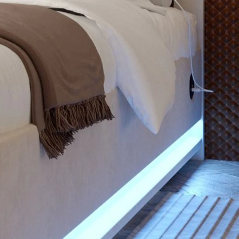 Lit rembourré en velours avec tête de lit réglable en hauteur, éclairage LED et système de levage hydraulique, sans matelas, 160x200 cm, Beige