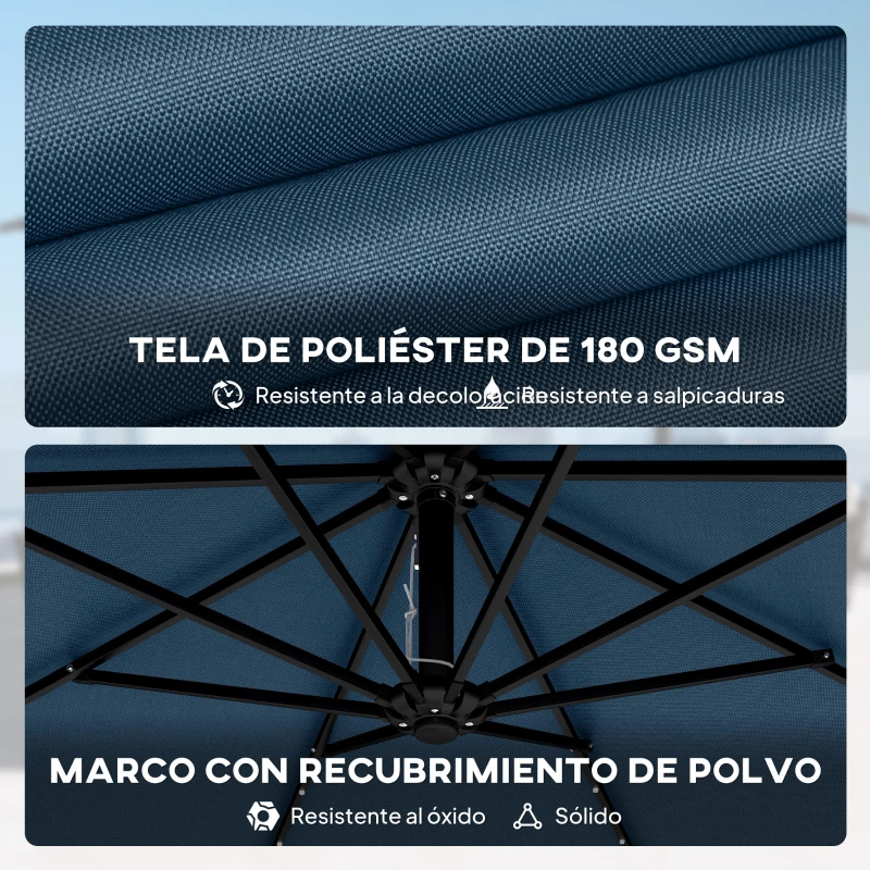 Outsunny Parasol Excéntrico con Luces LED Solares Ø345 cm Sombrilla Jardín de Aluminio con Base Cruzada Manivela Funda Azul