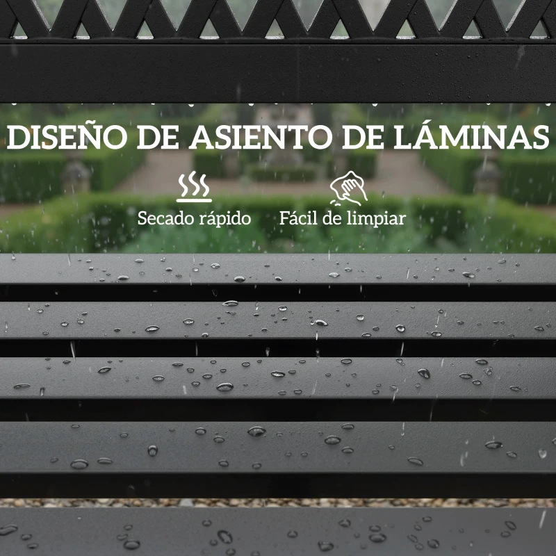 Outsunny Banco de Jardín Exterior de 2 Plazas  con Asiento Listonado Reposabrazos y Marco de Acero 119x50x75 cm Negro