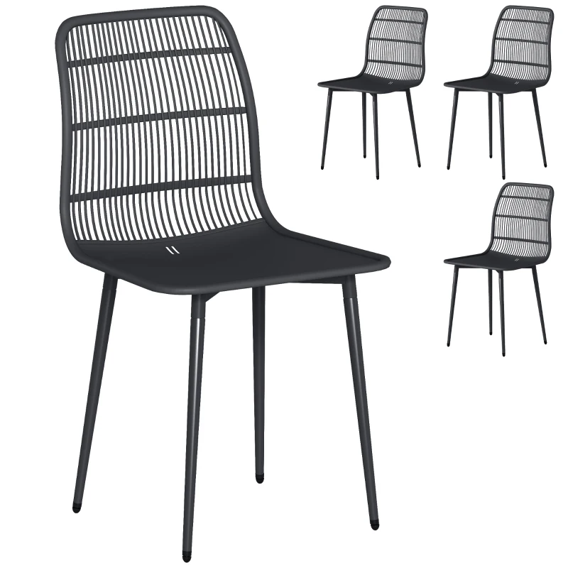 Outsunny Scaune de Dining pentru Exterior Set de 4, Scaune de Grădină cu Spatar Fisurat, Negru