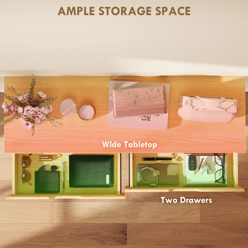 HOMCOM Konsolowy stolik, wąski stolik do przedpokoju z 2 szufladami, metalowa rama, do przedpokoju, 110 x 35 x 76,5 cm, naturalny