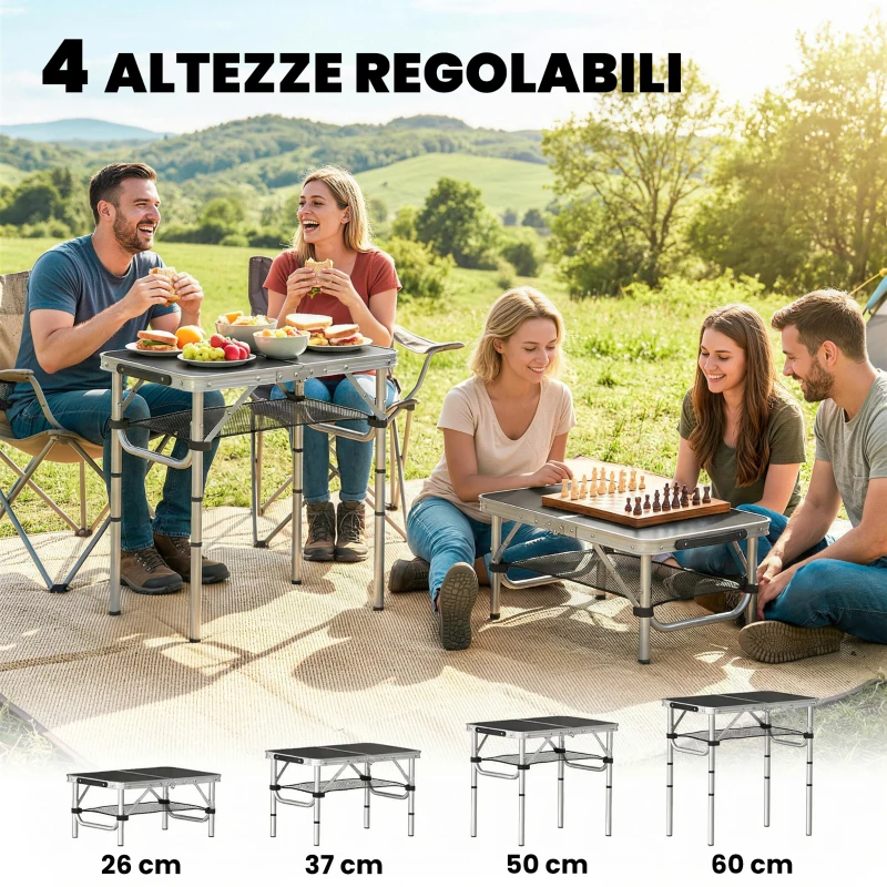 Outsunny Tavolo da Campeggio Pieghevole con Ripiano in Rete e Altezza Regolabile, 60x40x26-60 cm, Nero