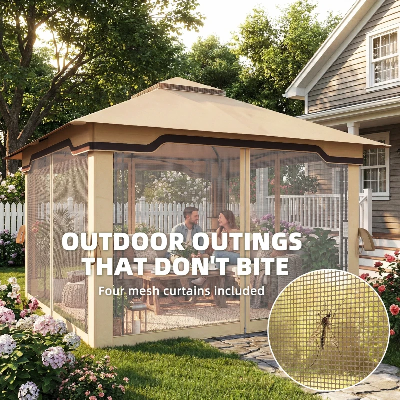 Outsunny 3.3 x 3.3 m Outdoor Garden Gazebo with Post Shelves, UPF50+ Patio Permanent Pavilion with Hook, Khaki