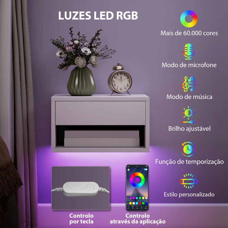 HOMCOM Conjunto de 2 Mesas de Cabeceira Flutuantes com Luzes LED RGB Controlo por APP e Prateleira Aberta 37x32x21 cm Branco