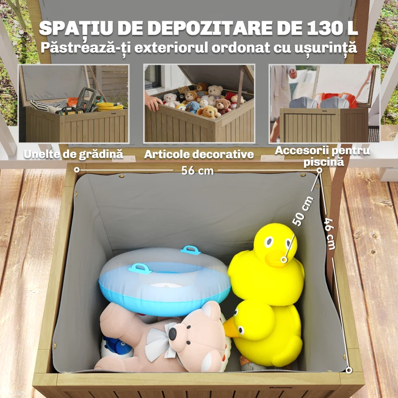 Outsunny Bancă de Exterior 130L, Capac, Cutie Lemn cu Balamale și Curea