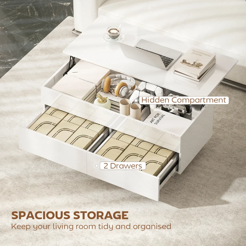 HOMCOM Stolik kawowy regulowany, nowoczesny stolik do salonu z ukrytym schowkiem i 2 szufladami, biały wysoki połysk