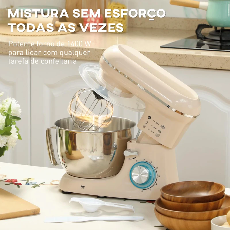 HOMCOM Batedeira Planetária 4,5L 1300W 6 Velocidades Taça de Aço Inoxidável Batedor Gancho Varas Bege