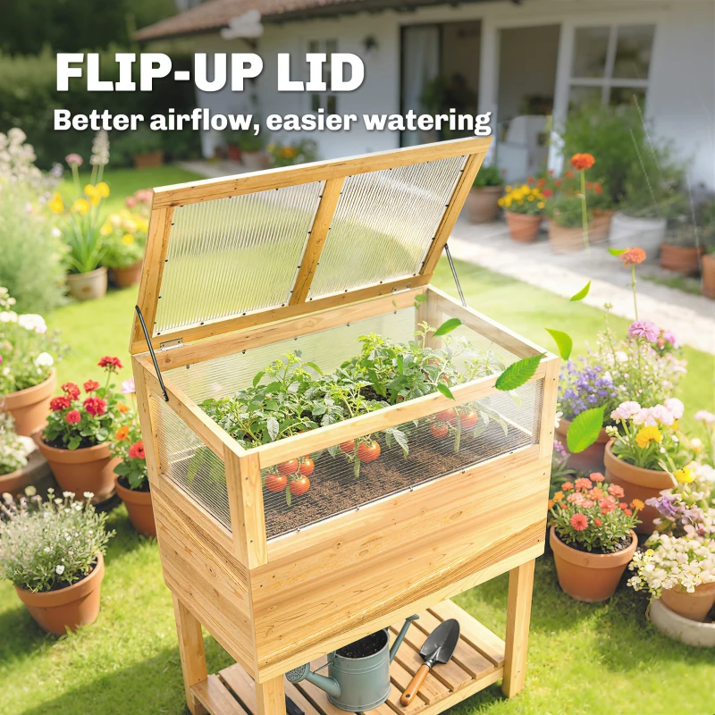 Outsunny Verhoogd plantenbed met kasopzet van hout, plantenbak met opklapbare deksel, plank, voering, ergonomisch