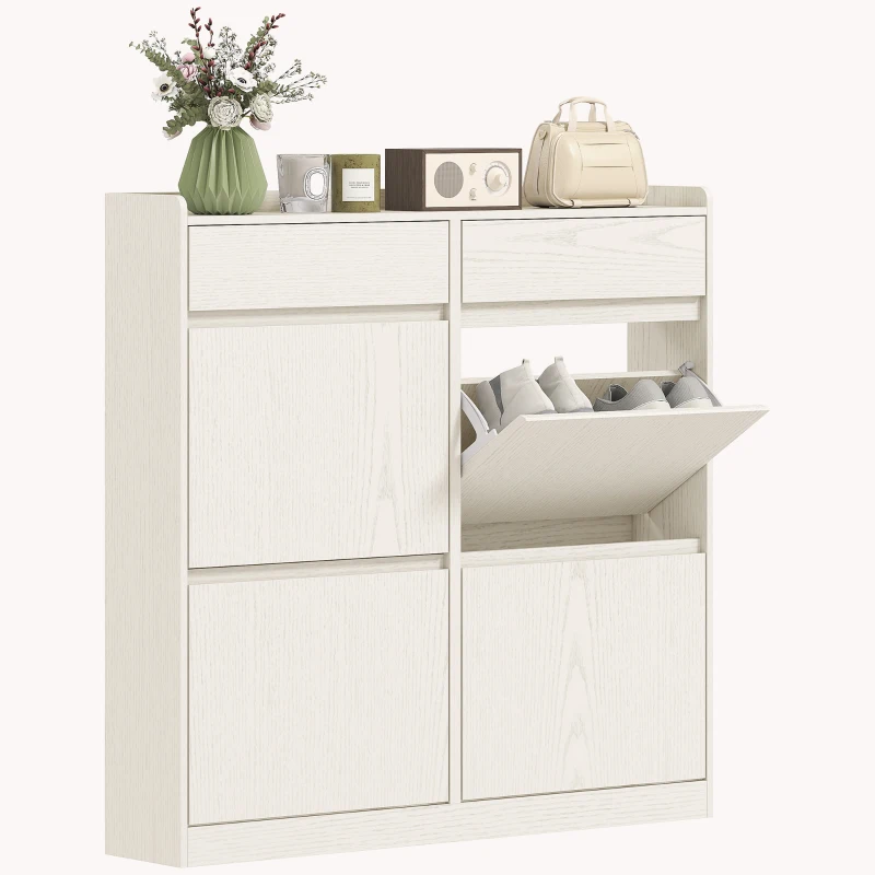 HOMCOM Meuble à chaussures 8 paires avec 2 tiroirs coulissants et 4 tiroirs rabattables, 98 x 19,2 x 95,3 cm, blanc