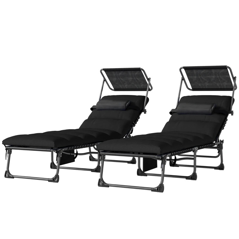 Outsunny Folding Sun Loungers Set of 2 with Canopy, Reclining Sunbed with Cushion, Side Pocket, Carrying Handle, Black