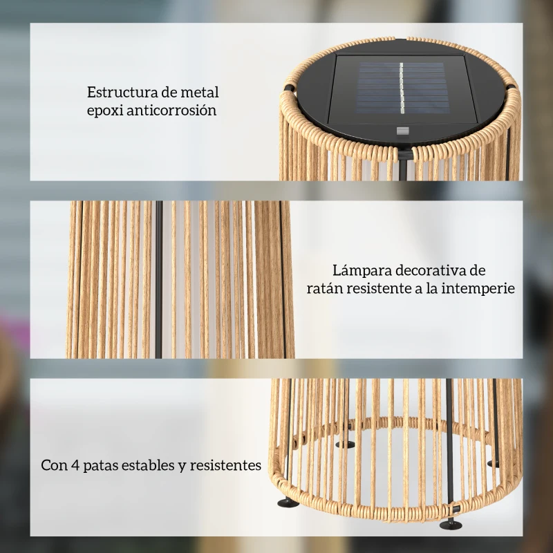 Outsunny Farola Solar Exterior de Ratán Sintético con Luces LED Encendido y Apagado Automático Impermeable Ø21,5x61 cm Natural