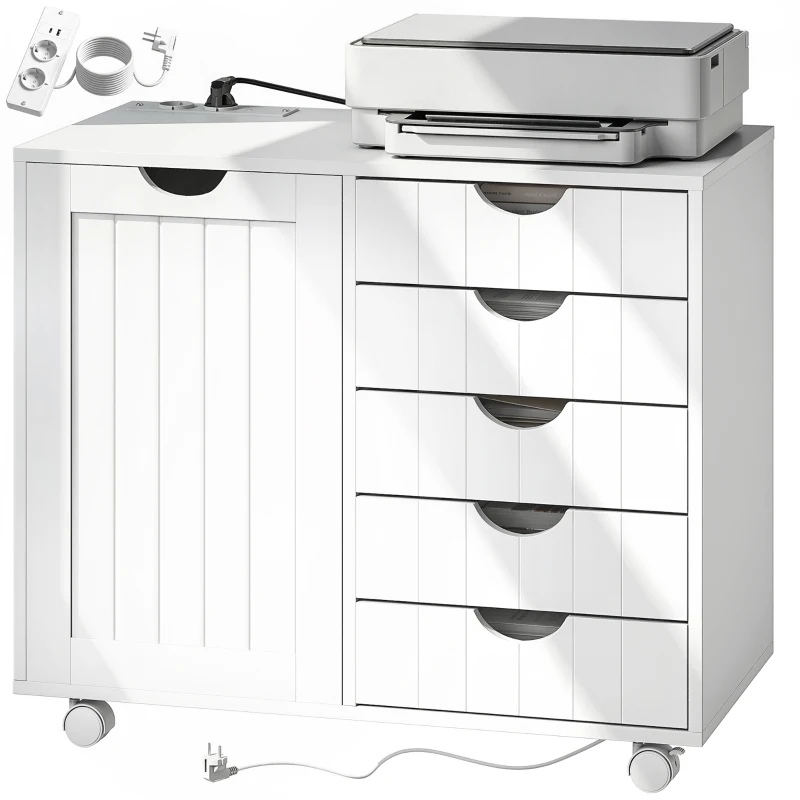 HOMCOM Meuble pour Imprimante avec Station de Charge et Roulettes 5 Tiroirs Ports USB Étagère Réglable Blanc