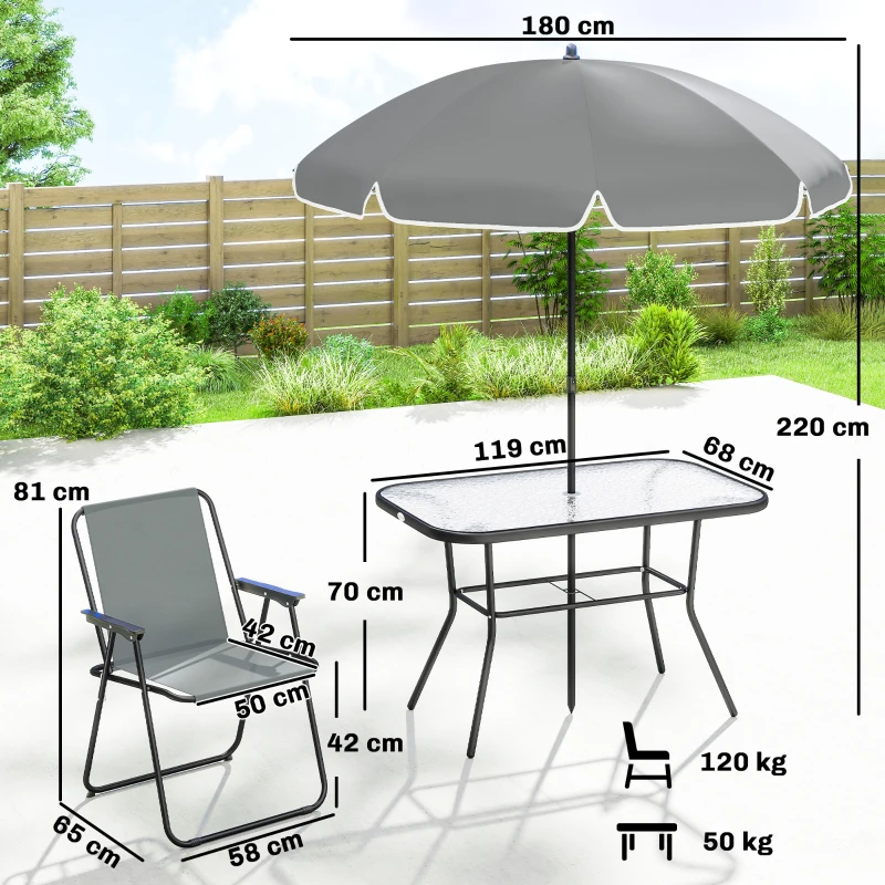 Outsunny Set de Masă de Grădină 8 Piese cu Umbrelă, Set Mobilier Grădină cu 6 Scaune Pliabile, Masă din Sticlă Temperată și Umbrelă pentru Terasă, Gri