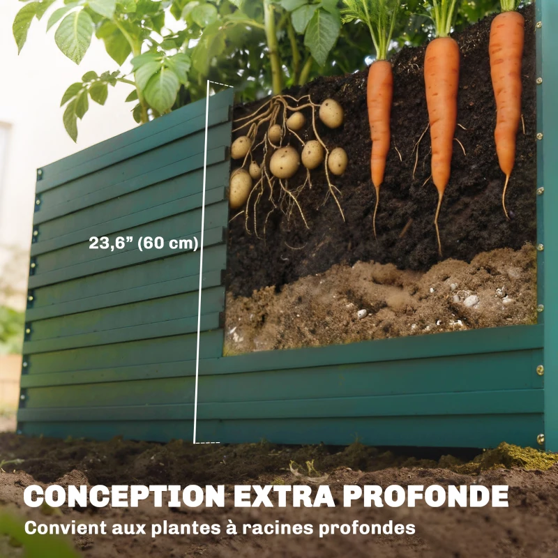 Outsunny Jardinière surélevée galvanisée rectangulaire pour l'extérieur - fond ouvert - 160 x 80 x 60 cm, vert