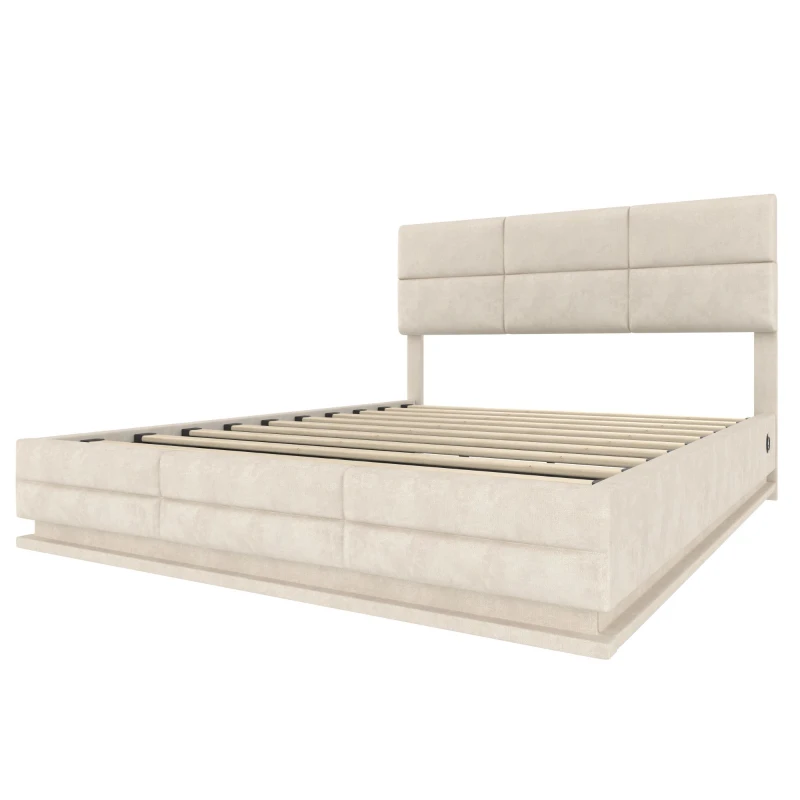 Lit rembourré en velours avec tête de lit réglable en hauteur, éclairage LED et système de levage hydraulique, sans matelas, 160x200 cm, Beige