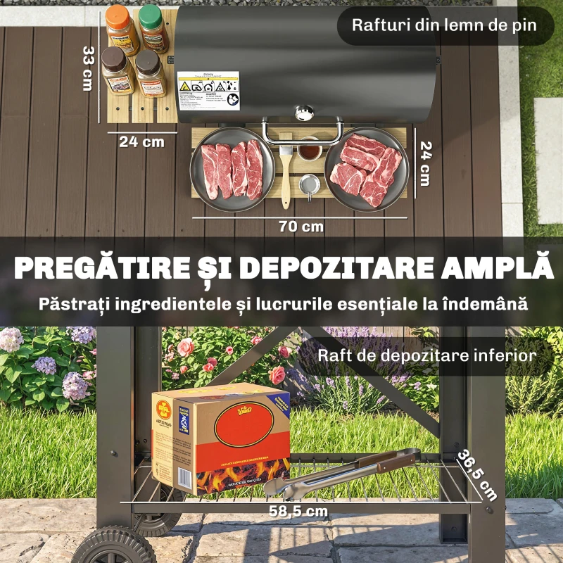 Outsunny Grătar cu Cărbuni, Grilă Mobilă cu Rafturi Pliabile și Termometru