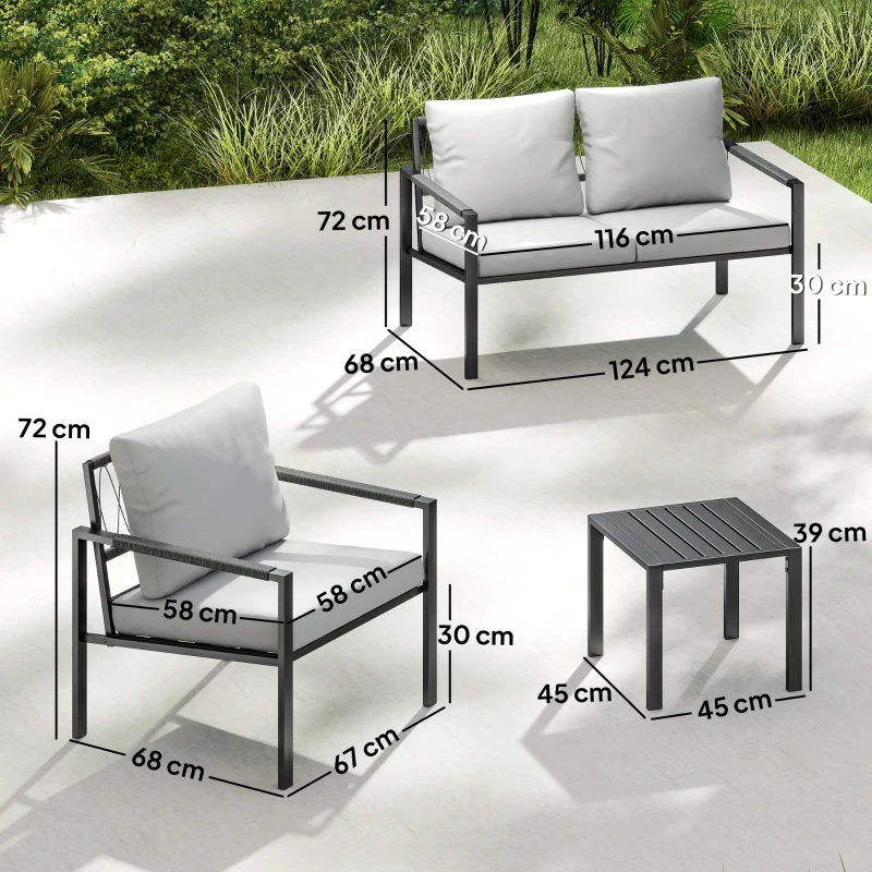 Outsunny Set mobilier grădină 4 persoane rezistent la intemperii set mobilier balcon cu canapea 2 locuri, fotoliu, perne, măsuță Gri deschis