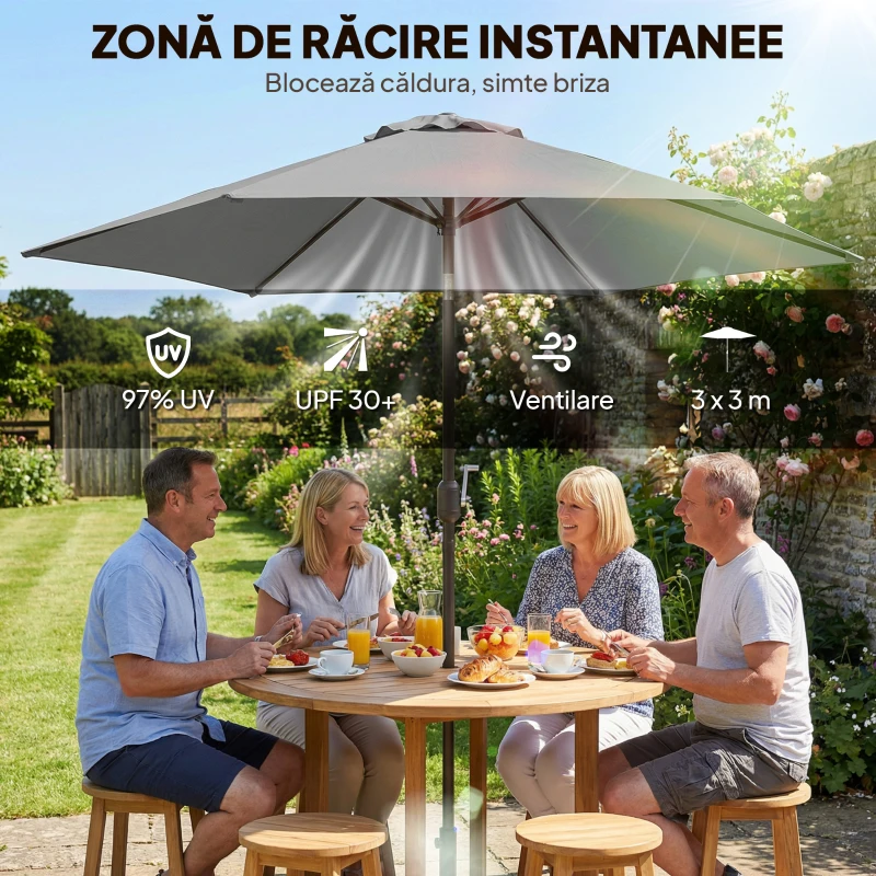 Outsunny Umbrelă de Grădină 3x3 m Înclinabilă cu Deschidere prin Manivelă, Umbrelă de Exterior cu Husă, Anti-UV 30+ din Metal și Poliester 180 g/㎡, Gri