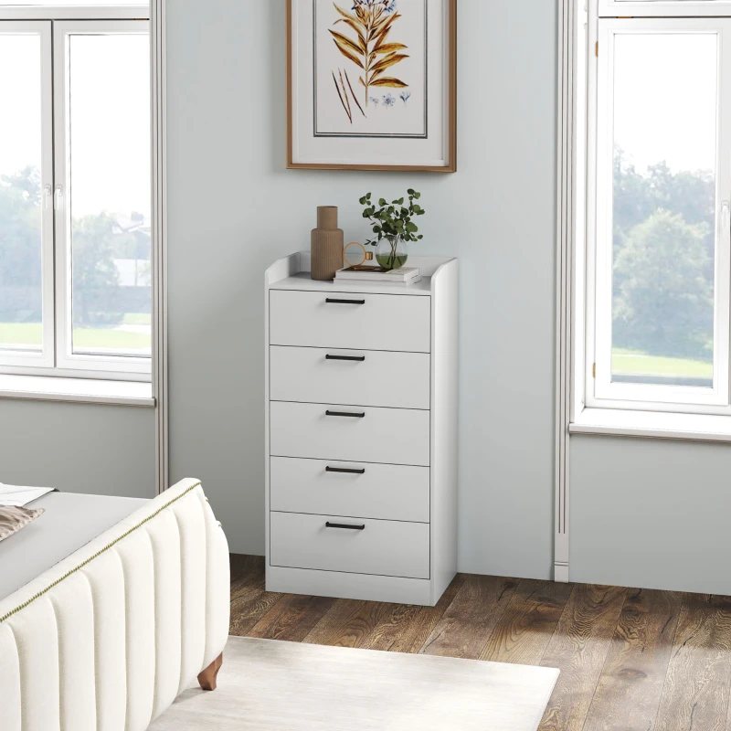 HOMCOM Commode à 5 tiroirs, commode chambre, avec glissières et poignées métalliques, anti-basculement, 60 x 40 x 114 cm, blanc