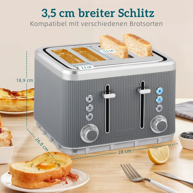 HOMCOM 2200W, 1,7L Wasserkocher mit Schnellkochfunktion, Entkalkungsfilter und 4-Scheiben-Toaster mit 7 Bräunungsstufen, Grau