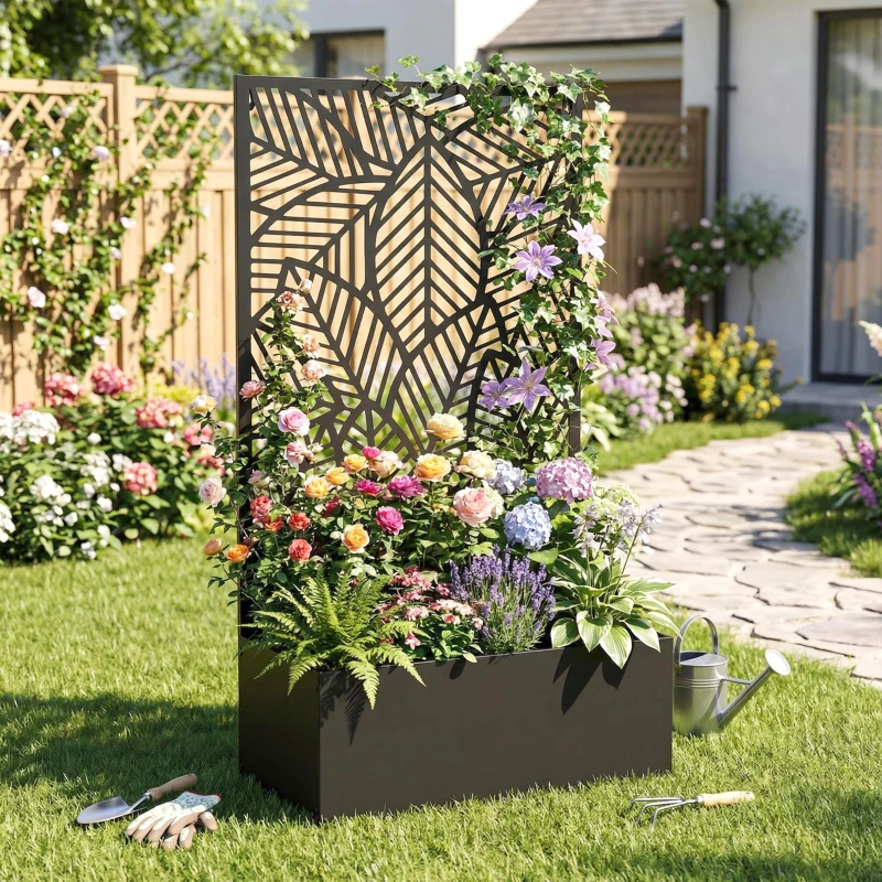 Outsunny Canteiro Elevado de Metal com Treliça para Plantas Trepadeiras Independente ou para Montagem na Parede