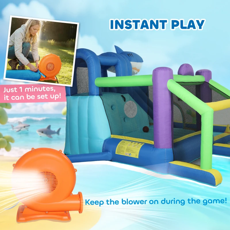 AIYAPLAY Dmuchana zjeżdżalnia 8 w 1 z motywem rekina, dmuchawa, zjeżdżalnia, basen, trampolina dla dzieci 3–8 lat 405x345x235 cm, wielokolorowa