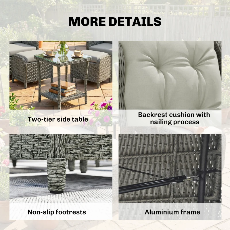 Outsunny 5 Piece Garden Furniture Set, Rattan Reclining Garden Chair Set of 2 with Footstool and Cushion for Balcony, Cream