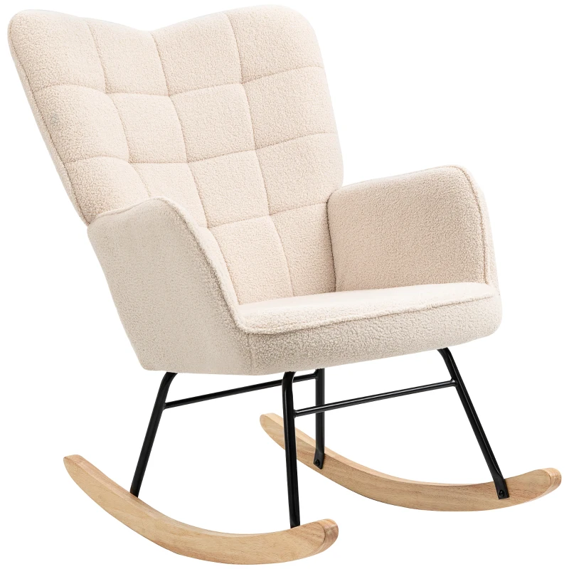 HOMCOM Silla Mecedora de Borreguito Sillón Balancín Oscilante 40° con Patas de Madera de Haya Carga 120 kg 71x98x101 cm Beige