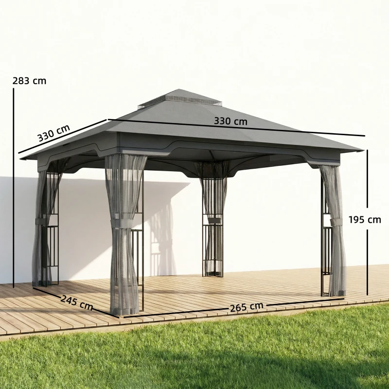 Outsunny 3.3 x 3.3 m Outdoor Garden Gazebo with Post Shelves, UPF50+ Patio Permanent Pavilion with Hook, Dark Grey