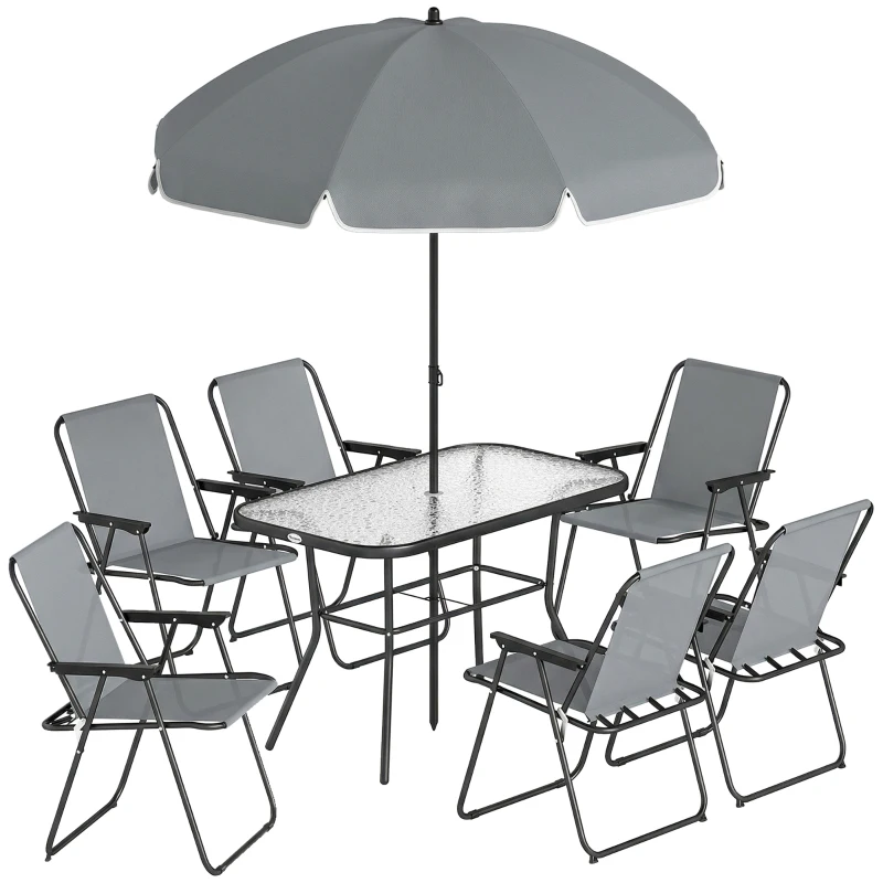 Outsunny Set de Masă de Grădină 8 Piese cu Umbrelă, Set Mobilier Grădină cu 6 Scaune Pliabile, Masă din Sticlă Temperată și Umbrelă pentru Terasă, Gri