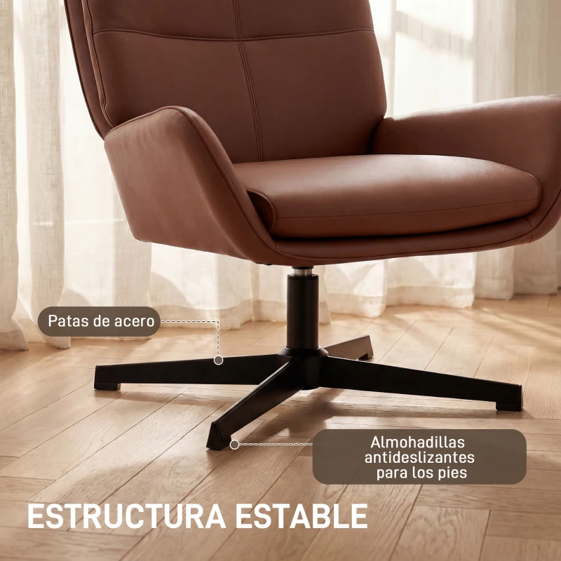 HOMCOM Butaca de Salón Tapizado en PU Sillón Lectura con Asiento Acolchado Reposabrazos Patas Metálicas Marrón