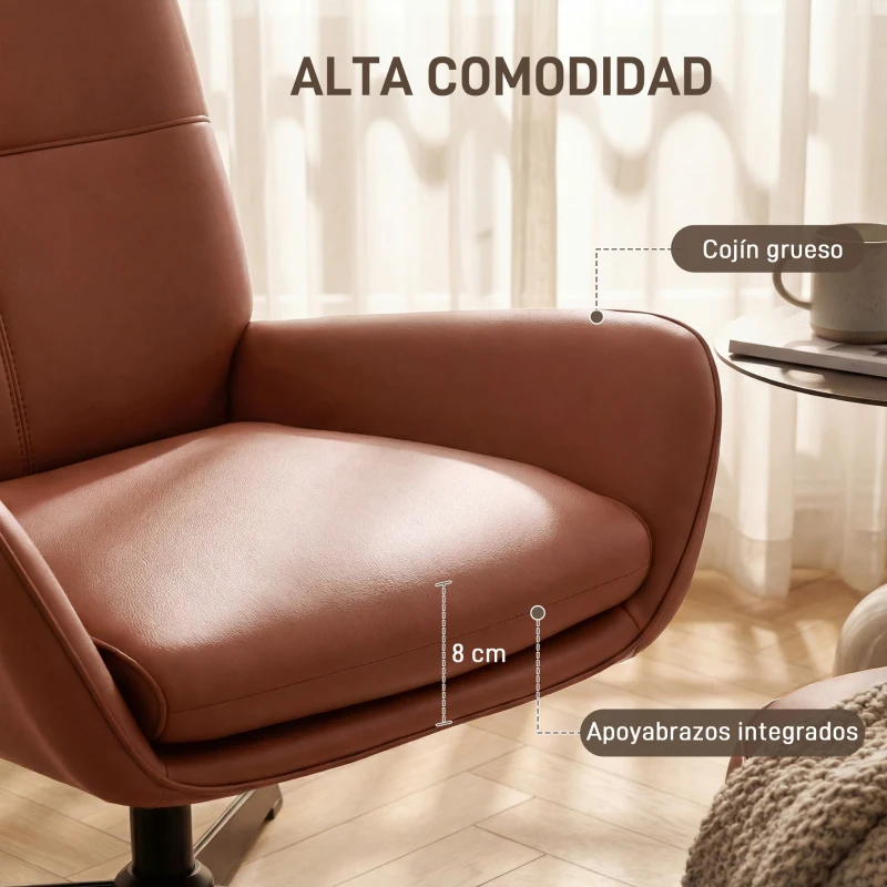 HOMCOM Butaca de Salón Tapizado en PU Sillón Lectura con Asiento Acolchado Reposabrazos Patas Metálicas Marrón