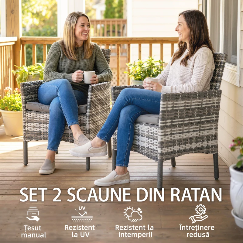 Outsunny Set de 2 Scaune de Grădină din Ratan, Scaune de Exterior cu Perne, Cotiere și Spătar Înalt, Cadru din Oțel pentru Verandă, Balcon, Lângă Piscină și Grădină, Gri