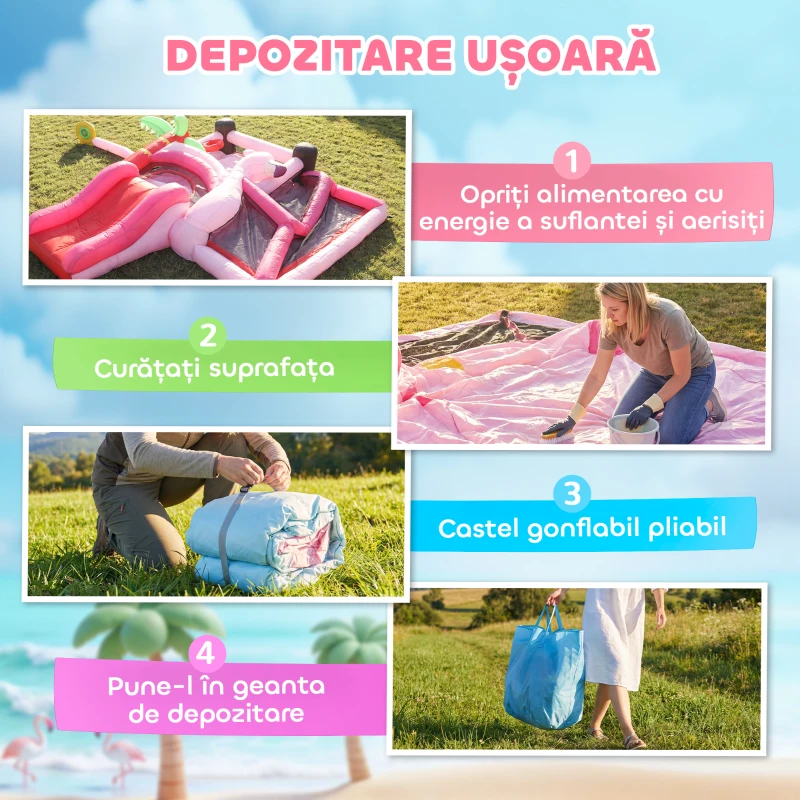 AIYAPLAY Castel Gonflabil pentru Copii 4 în 1, Tobogan, Trambulină, Piscină cu Bile, Coș de Baschet, Mingi de Baschet, Tematică Flamingo, Ventilator, Geantă de Transport, Interior Exterior, 255x230x196cm, Roz