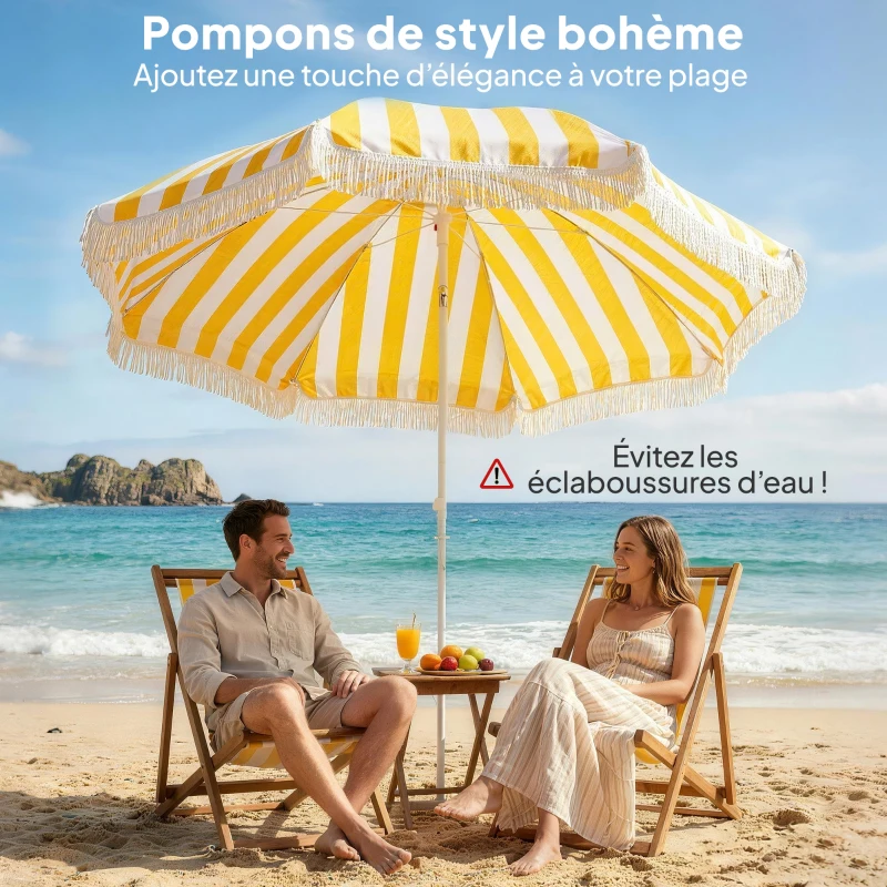 Outsunny Parasol de plage 1,8 m, parasol de jardin, ancrage au sable, franges et inclinaison réglable, sac de transport, jaune