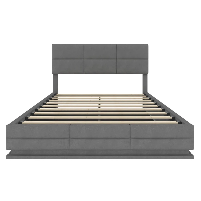 Lit rembourré en velours avec tête de lit réglable en hauteur, éclairage LED et système de levage hydraulique, sans matelas, 140x200 cm, Gris