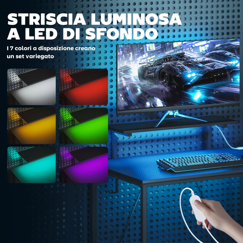 HOMCOM Scrivania Gaming Angolare con LED, Prese Elettriche, Supporto per Monitor e Scaffale, Nero