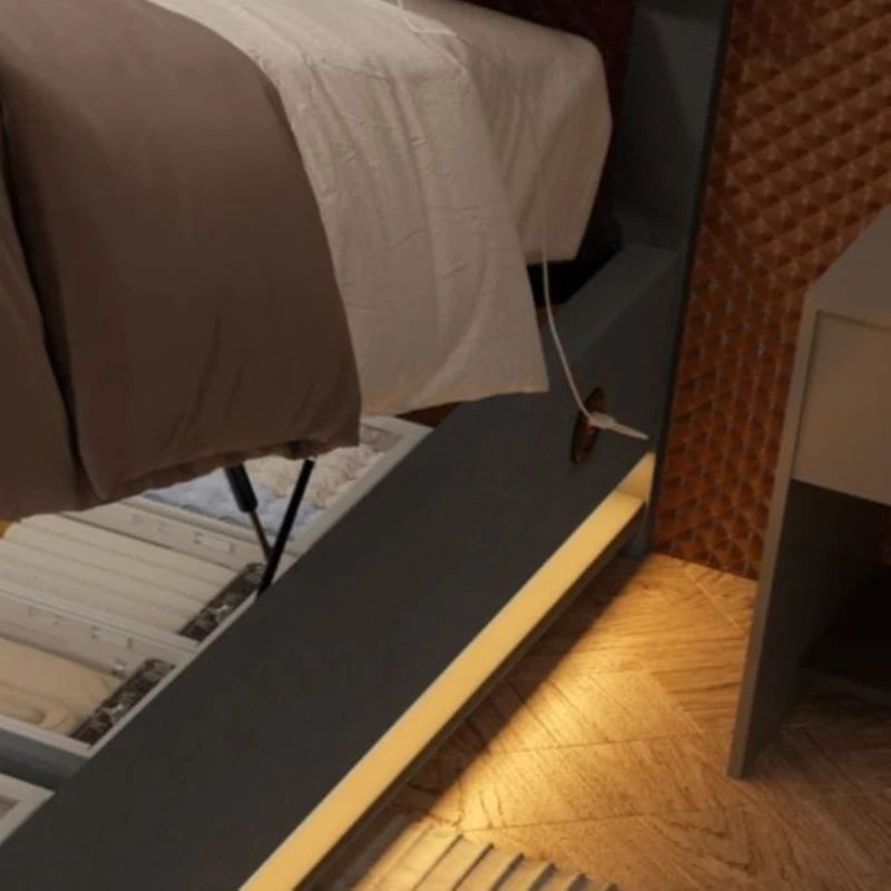 Lit rembourré en velours avec tête de lit réglable en hauteur, éclairage LED et système de levage hydraulique, sans matelas, 140x200 cm, Gris