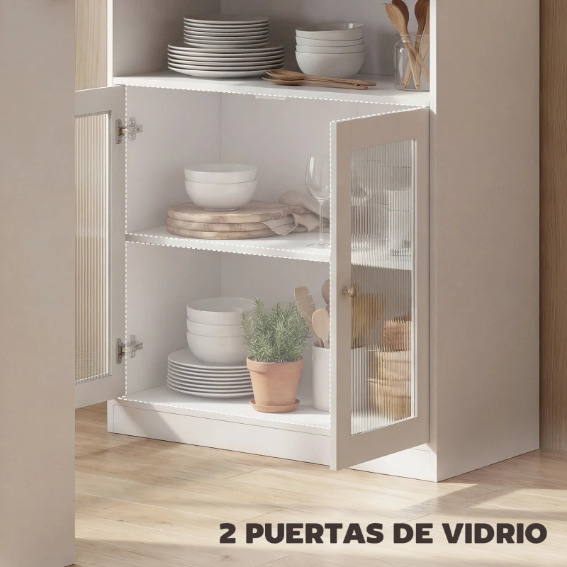 HOMCOM Mesa de Bar Extensible y Giratoria 90° con Estantes Abiertos y 2 Puertas de Vidrio 150x80x105,5 cm Blanco y Natural