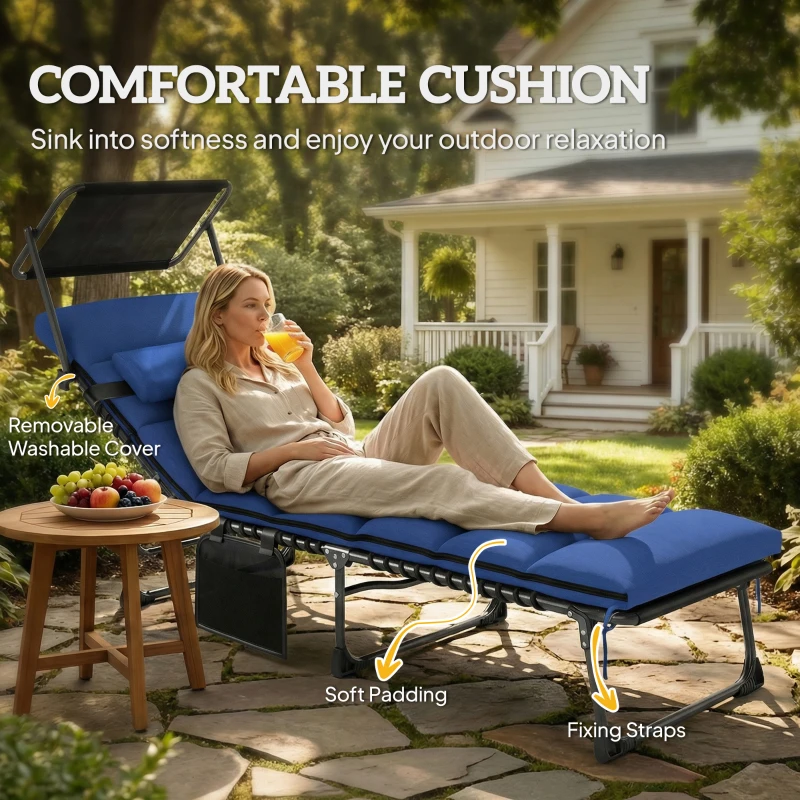 Outsunny Folding Sun Lounger with Canopy, Reclining Sunbed with Cushion, Side Pocket, Carrying Handle, Dark Blue