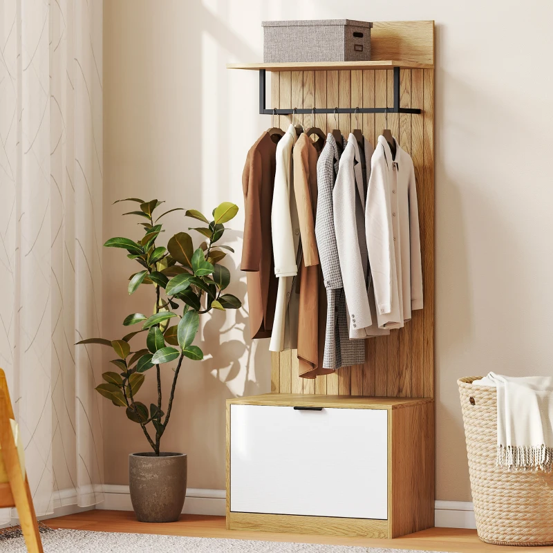 HOMCOM Cuier de Hol cu Pantofar Rabatabil, Cuier cu Bancă, 4 Cârlige și Rafturi pentru Pantofi, Organizator Modern pentru Hol și Coridor, Stejar și Alb